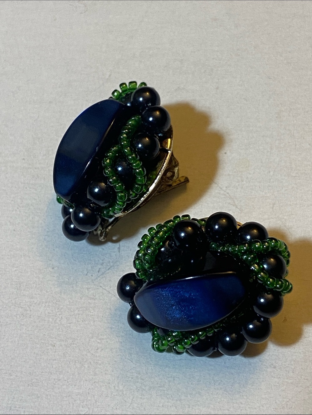 VTG 50's Green Blue Glass Flower Beaded Cluster Clip on Earring Japan